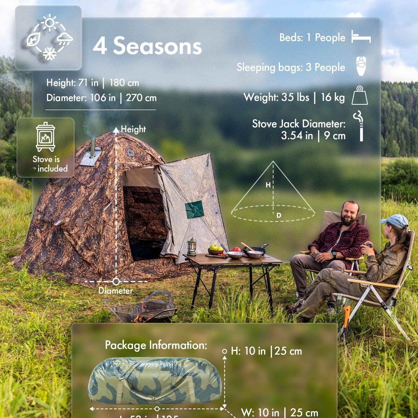 RBM All-Seasons tent  UP-2 Mini for 1-3 person + Wood Stove Caminus  S