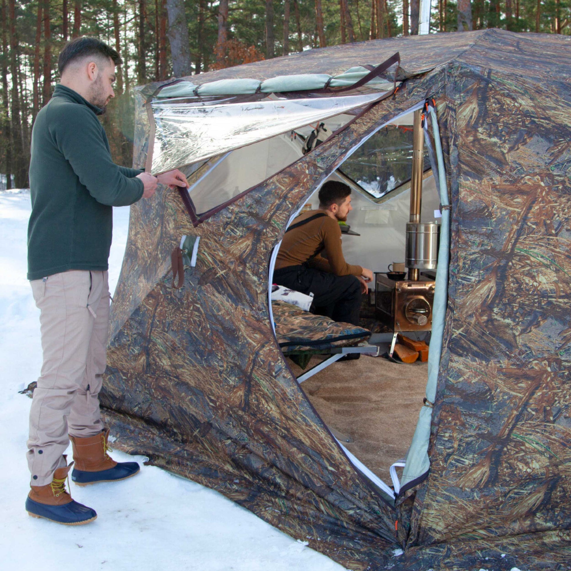 RBM All-Seasons tent Hexagon for 2-9 person + Wood Stove Caminus M + Three-Layer Floor