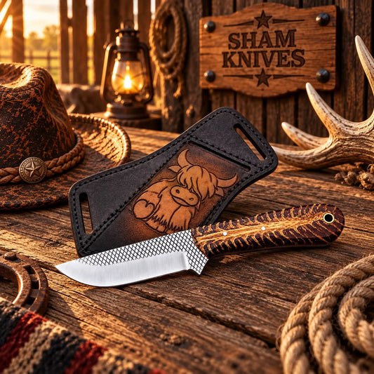 Frontier Scout Rasp Steel Skinning Knife – Pine Cone Handle & Sheath