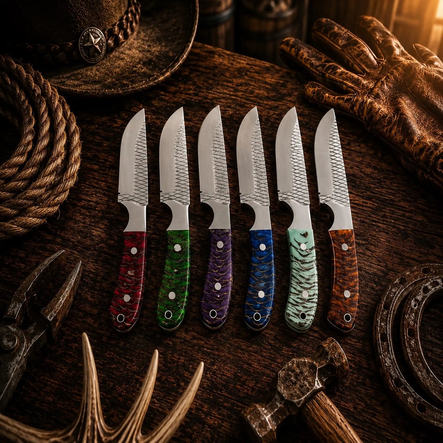 Frontier Six Shooter Collection – 6 Piece Handmade Rasp File Cowboy Hunting Knife Set