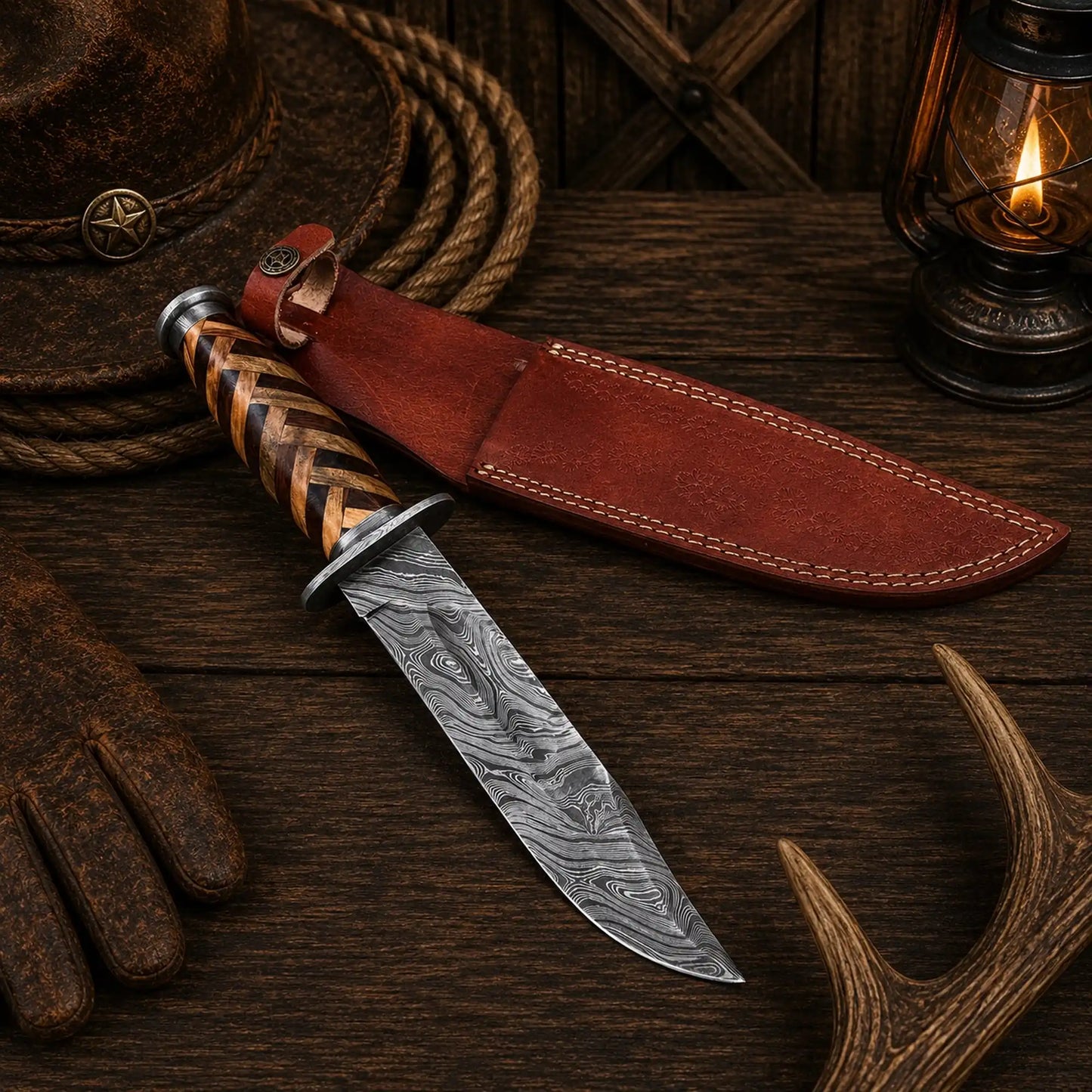 Frontier Weaver Bowie Knife – Damascus Steel, Basketwood Handle & Leather Sheath