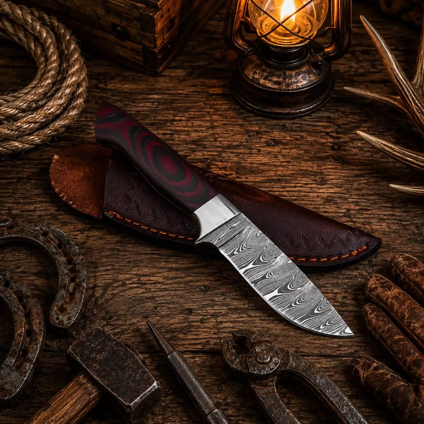 G10 Fixed Blade Outdoor Camping Hunting Bushcraft Knife – Damascus Blade With Leather Sheath