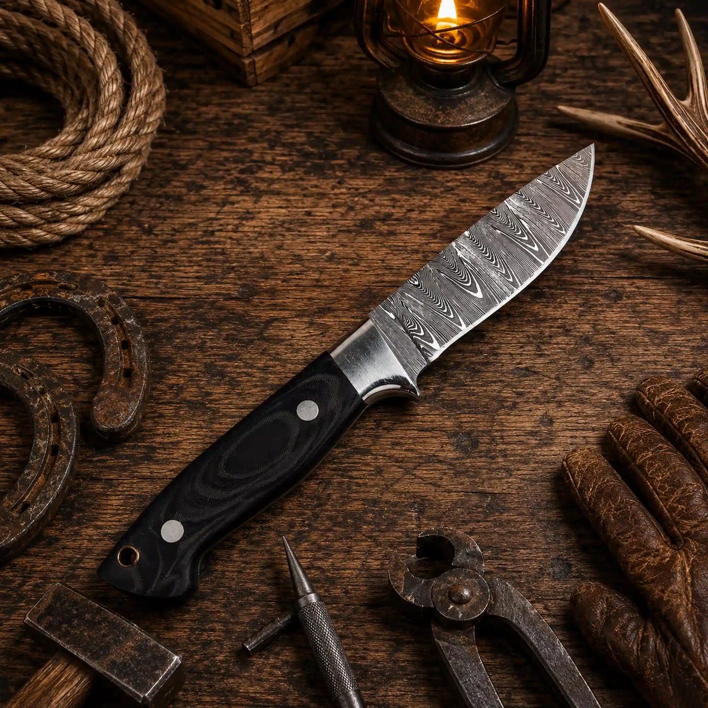G10 Fixed Blade Outdoor Camping Hunting EDC Knife – Damascus Blade With Leather Sheath