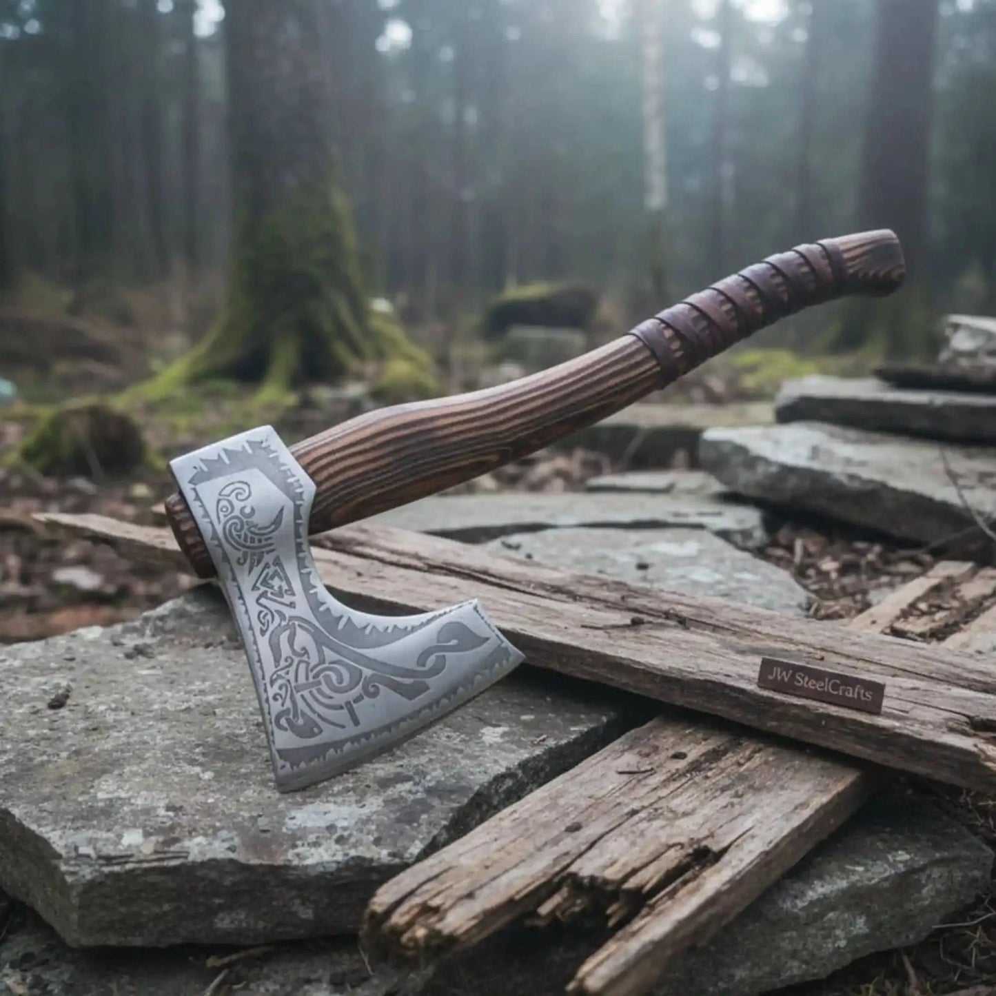 Hand Forged Carbon Steel Viking Axe with Carved Ash Wood Handle and Leather Grip