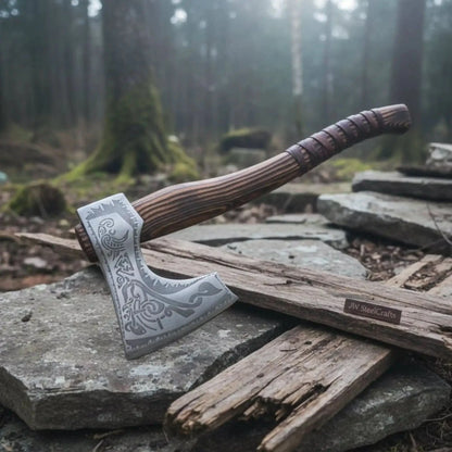 Hand Forged Carbon Steel Viking Axe with Carved Ash Wood Handle and Leather Grip