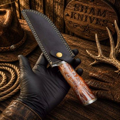 Grim Reaper Damascus Bowie – Skull Camel Bone & Leather Sheath