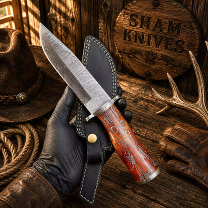 Grim Reaper Damascus Bowie – Skull Camel Bone & Leather Sheath