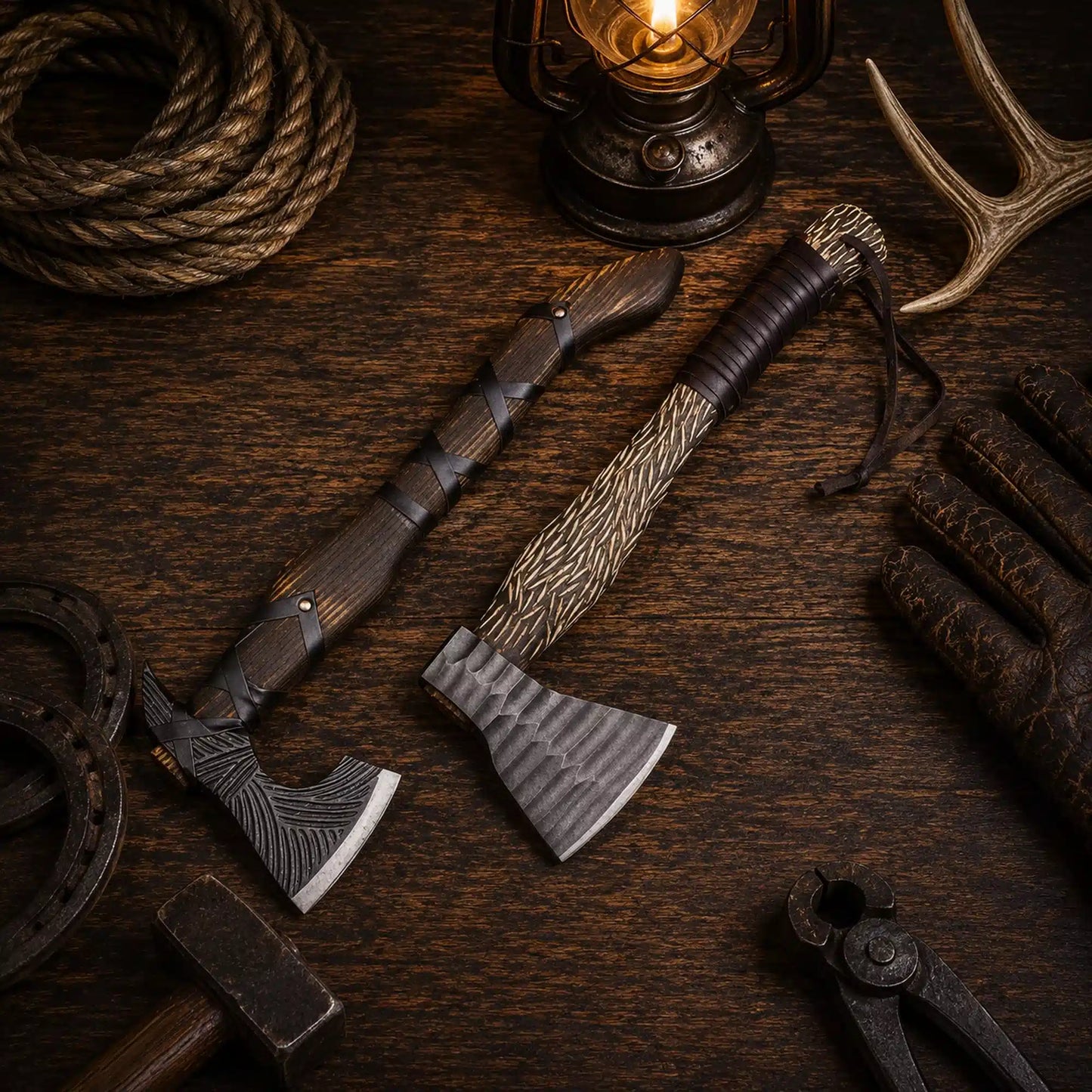 Hammered Hand Forged Carbon Steel Tomahawk & Battle Viking Axe Pair with Leather Sheath