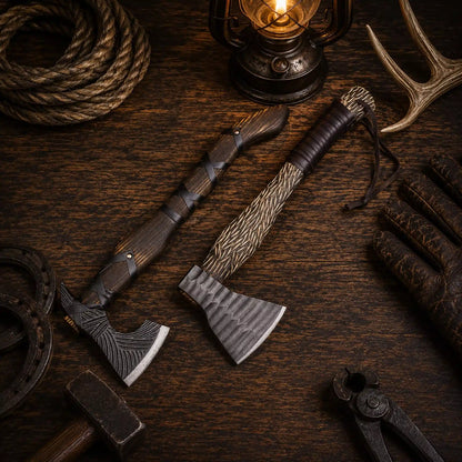 Hammered Hand Forged Carbon Steel Tomahawk & Battle Viking Axe Pair with Leather Sheath
