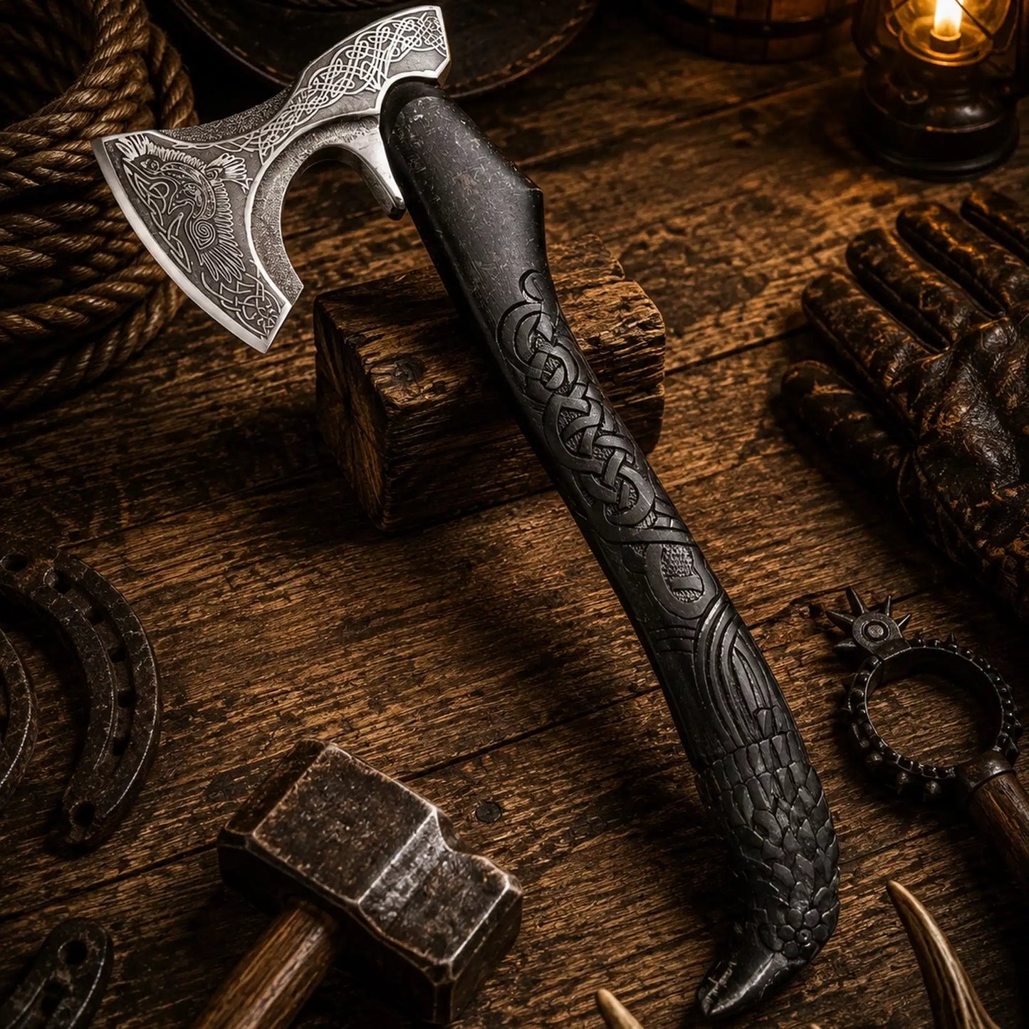 Raven Viking Axe – 1095 Carbon Steel with Hand Carved Ash Handle