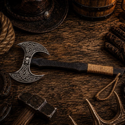 Skull Etched Double-Headed Viking Axe – Hand Forged Carbon Steel