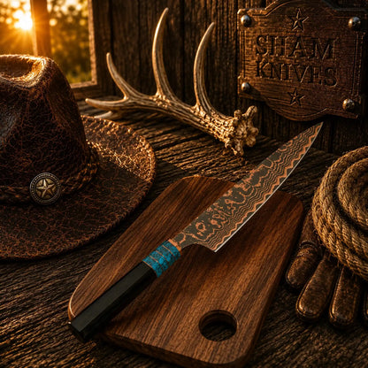 Turquoise Trail 13″ Copper Damascus Gyuto Chef Knife – Resin Handle