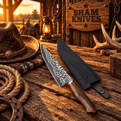Hand Forged Copper Damascus Santoku Chef Knife Walnut Wood Handle & Copper Bolster