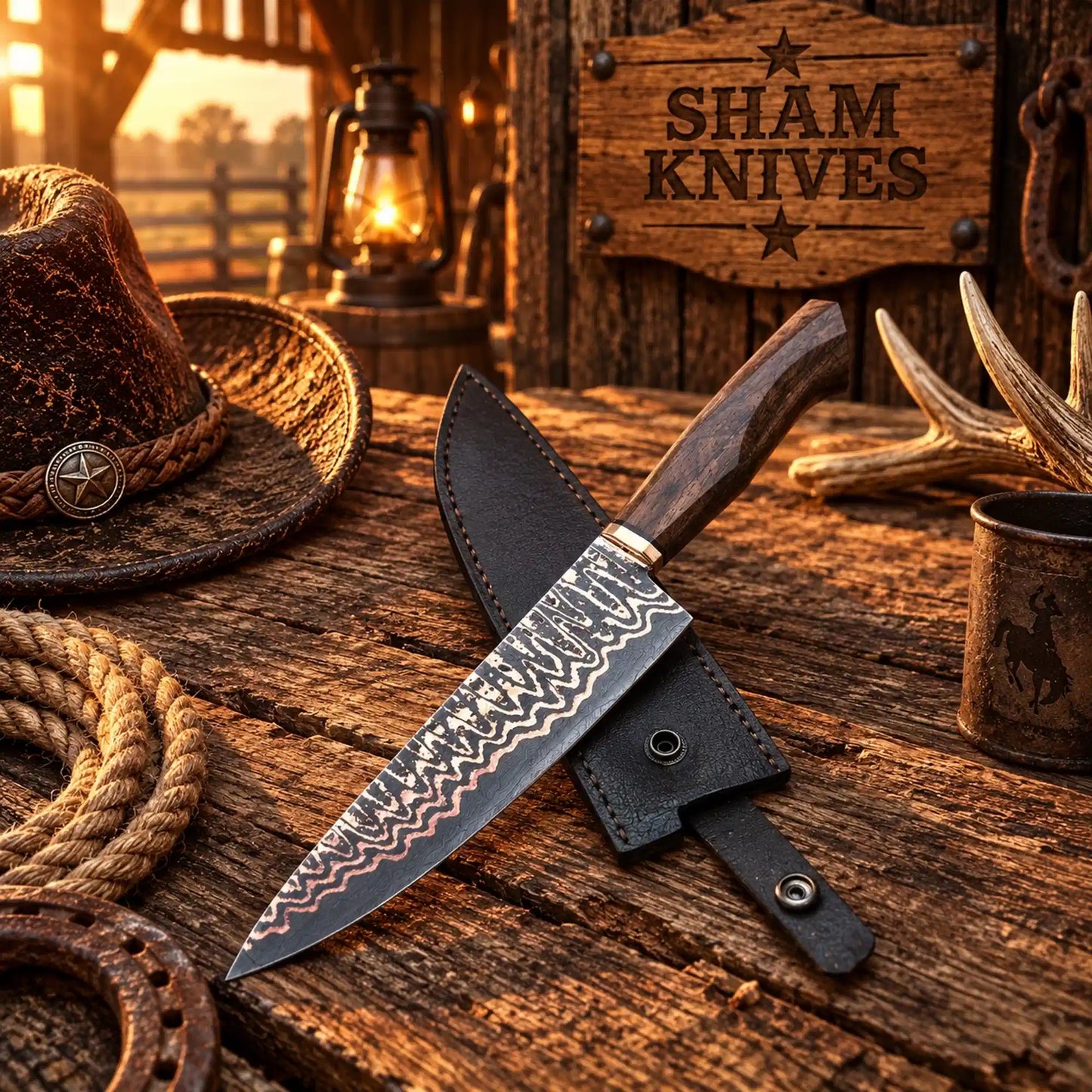 Hand Forged Copper Damascus Santoku Chef Knife Walnut Wood Handle & Copper Bolster