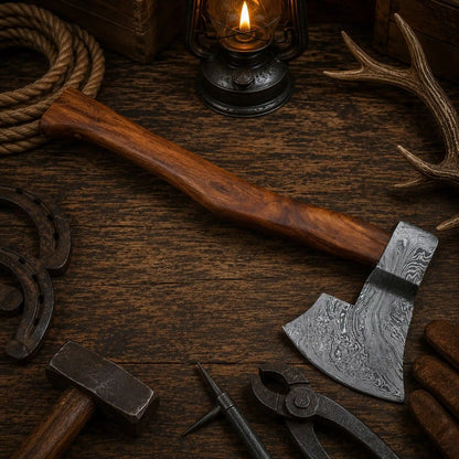 Custom Damascus Axe – Hand Forged Ranch Hatchet with Wood Handle
