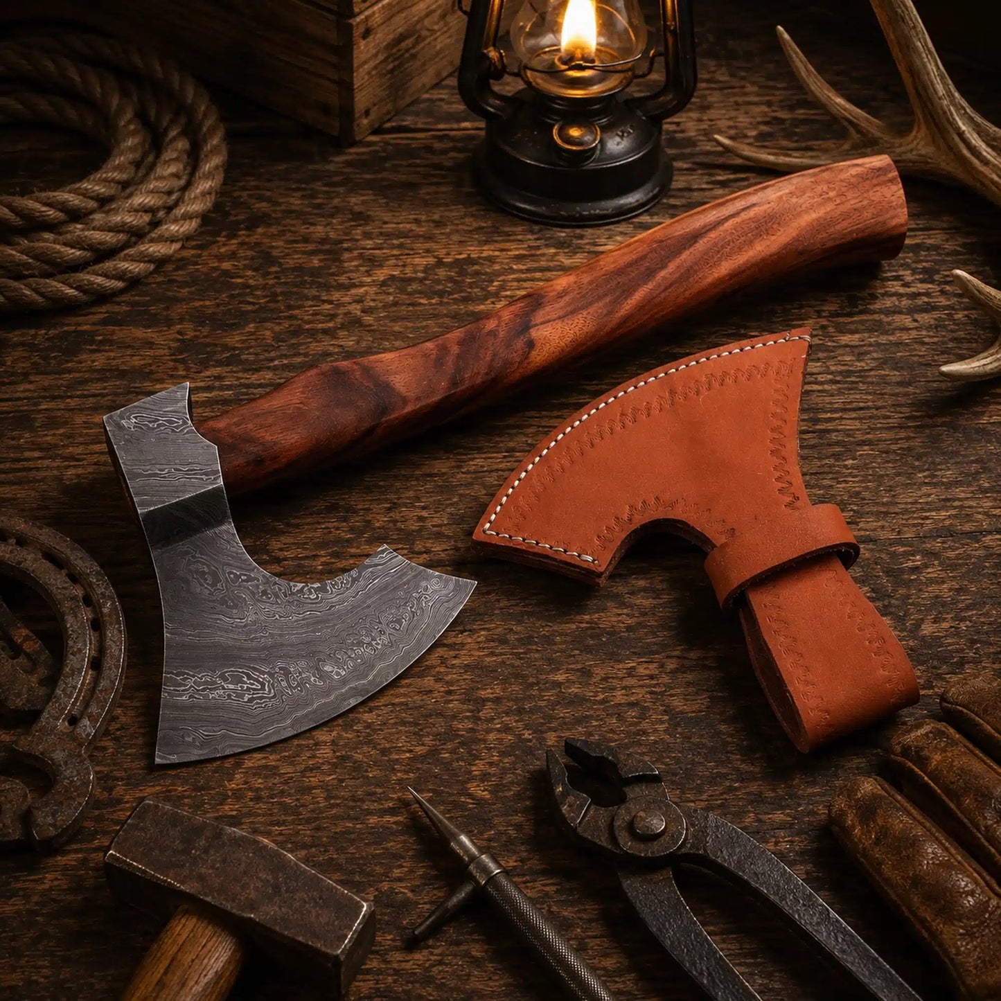The Iron Raven Damascus Viking Axe – Hand Forged Bearded Hatchet