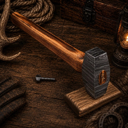 Ironcrest Damascus Rounding Hammer – Hand-Forged Ash Wood Handle