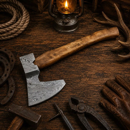 Hand Forged Damascus Tomahawk Hatchet – Natural Wood Handle & Sheath