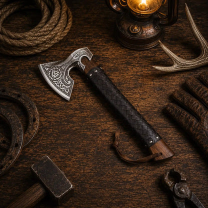 Viking Axe with Leather Sheath – Hand Forged Norse Engraving Hatchet