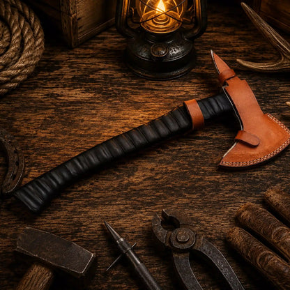 The Iron Talon 1075 Carbon Steel Spike Tomahawk – Jigged Hard Wood Handle with Leather Sheath
