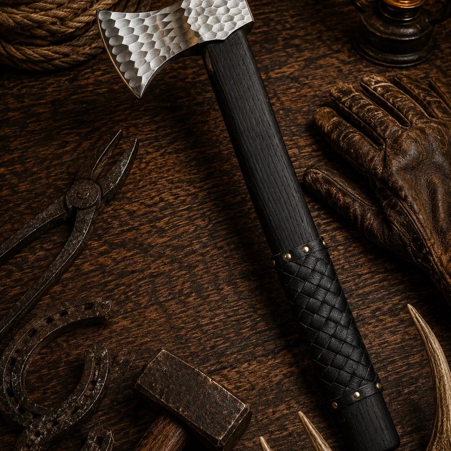 Hand Forged Viking Battle Axe – 21" Black Leather Wrapped Hardwood Handle