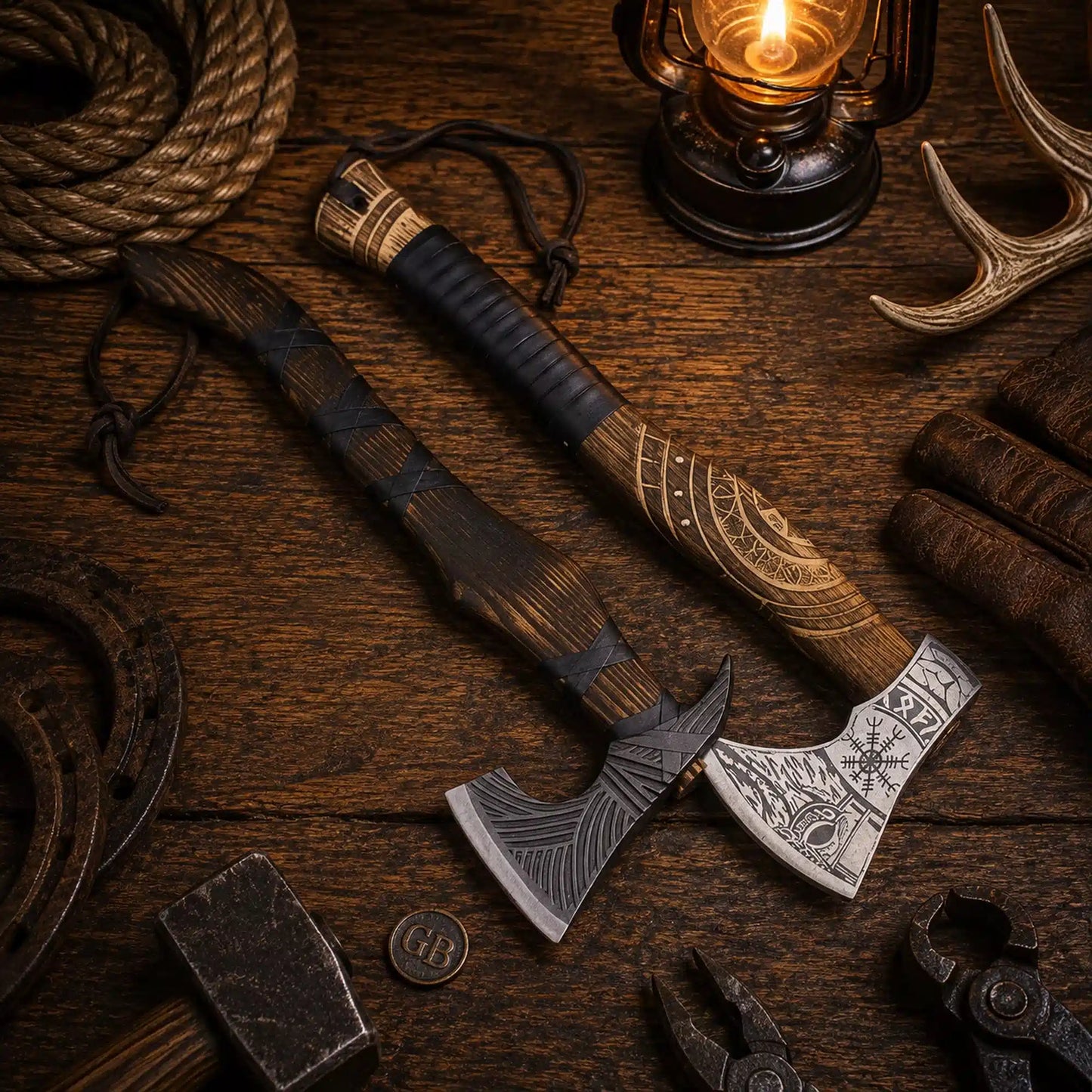 Hand Forged Viking Battle Axe Pair with Leather Sheath
