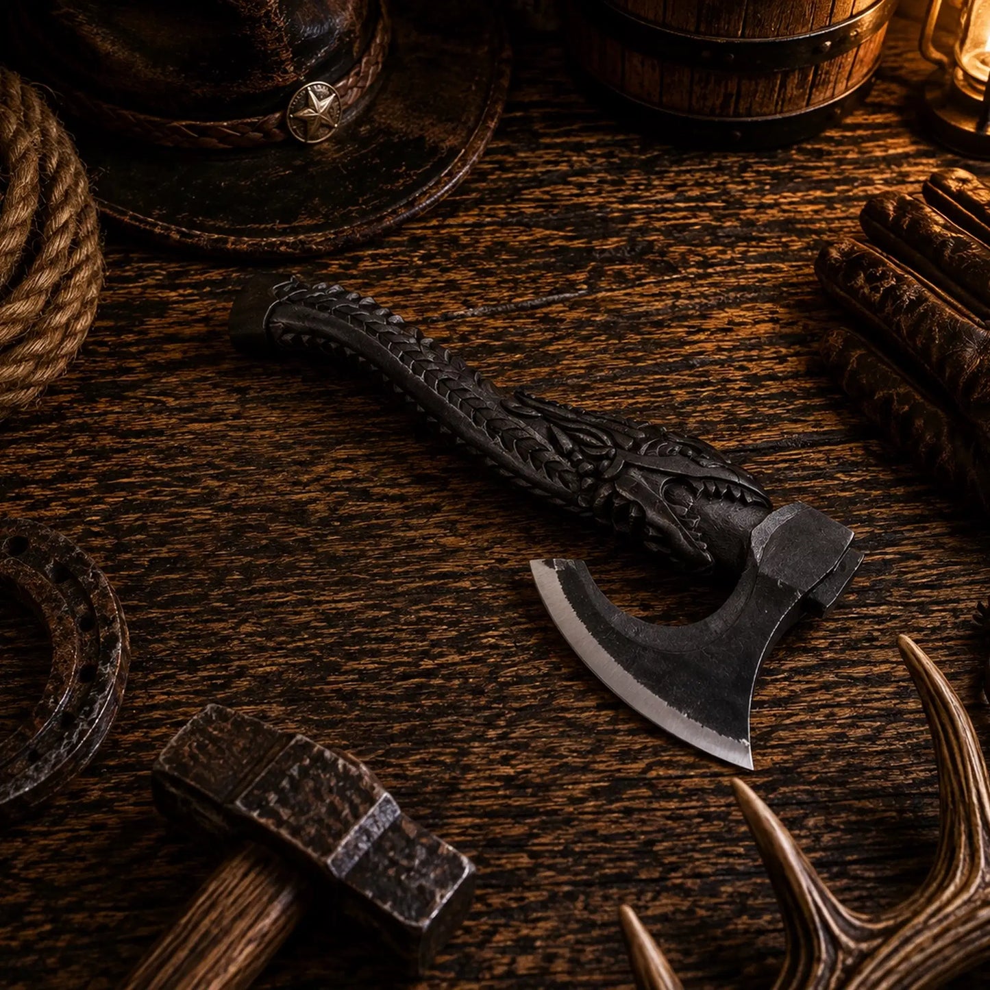 Hand Forged Viking Bearded Axe – Dragon Carved Ash Wood Handle