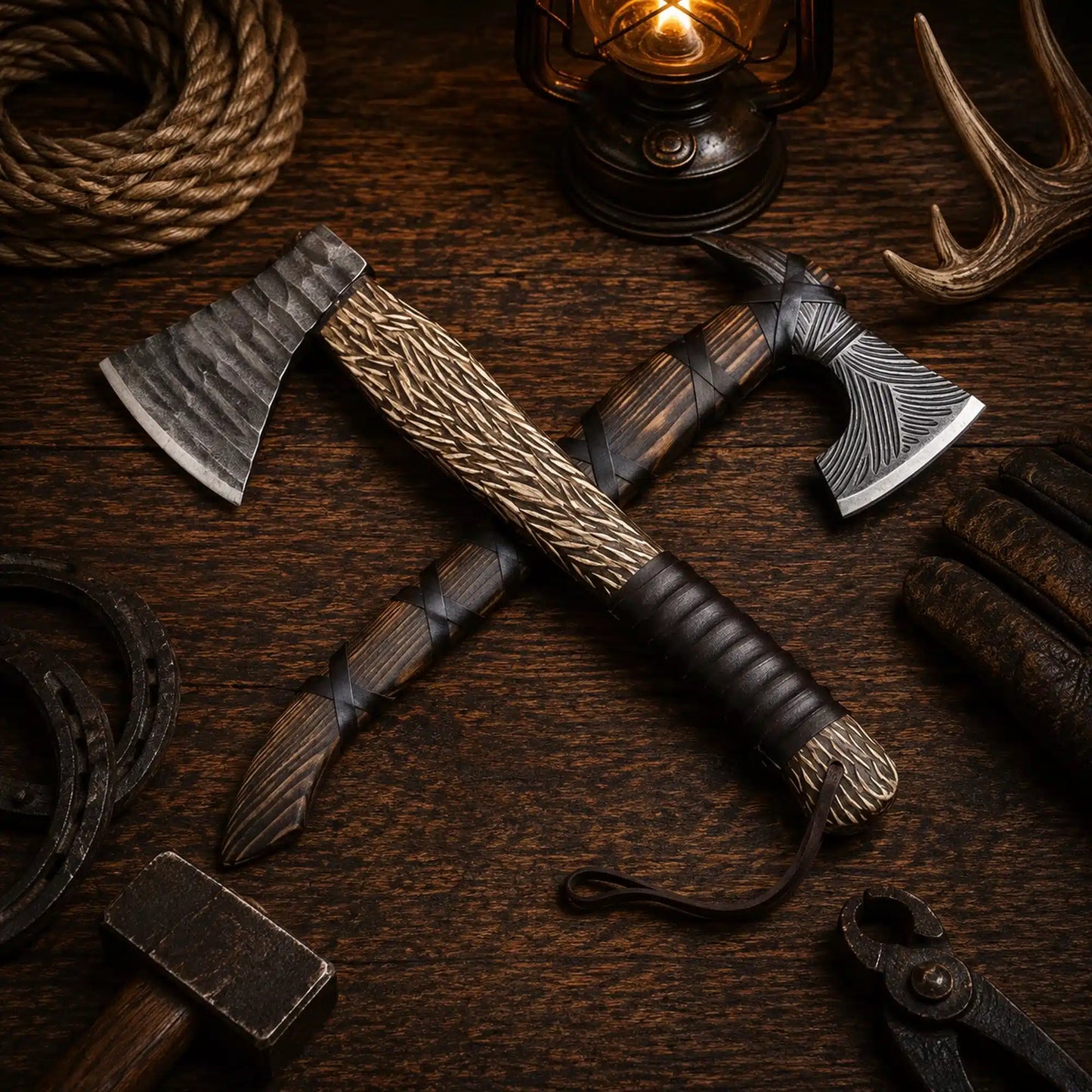 Hammered Hand Forged Carbon Steel Tomahawk & Battle Viking Axe Pair with Leather Sheath