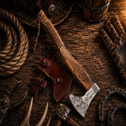 Viking Berserker Battle Axe – Hand Forged Norse Axe with Carved Ash Wood Handle