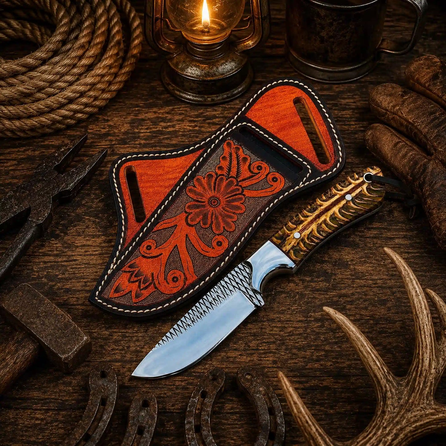 Handcrafted Ranch Skinning Knife – Rasp Steel Blade, Pine Cone Handle & Cross Belt Sheath