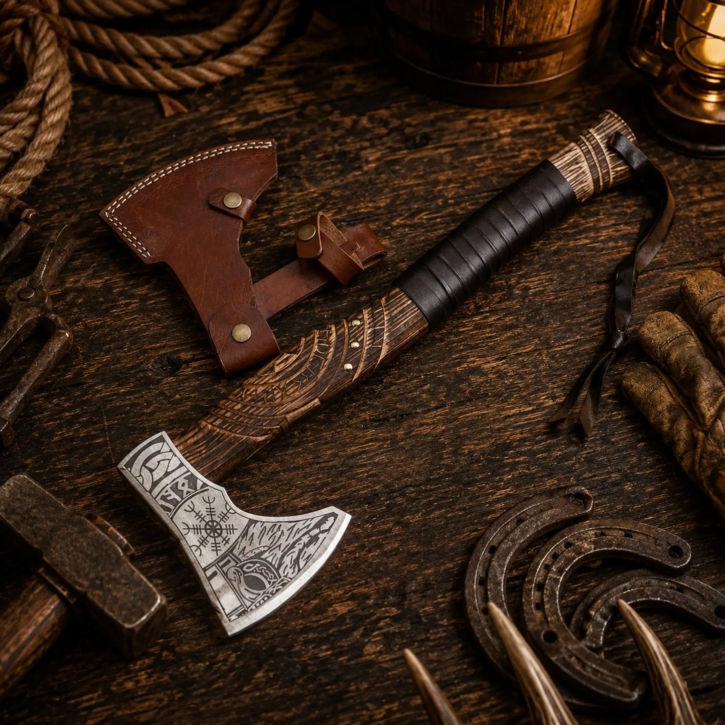 Handcrafted Viking Axe – 1095 Carbon Steel, Carved Ash Wood & Sheath