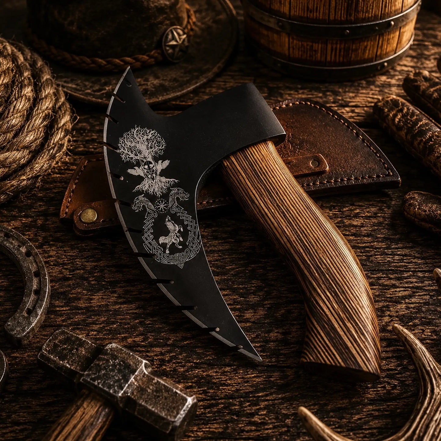Handforged Viking Pizza Cutter Axe for Sale with Burnt Ash Wood Handle