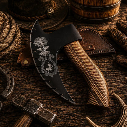 Handforged Viking Pizza Cutter Axe for Sale with Burnt Ash Wood Handle