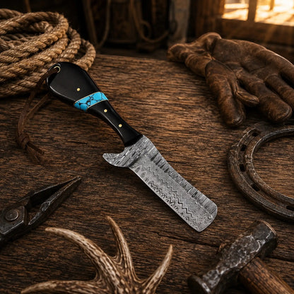 Bull Cutter Knife – Handmade 1095 Damascus Steel Cowboy Knife with Buffalo Horn & Turquoise Handle