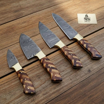Custom Made Chef Knife Set with 4-Piece Damascus Blades and Chevron Wood Handles