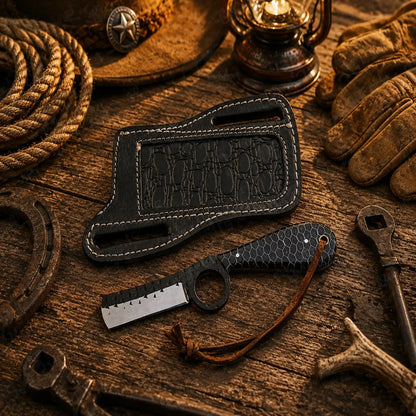 Handmade Bull Cutter Knife – D2 Powder Coated Blade Honeycomb Handle & Front Pancake Leather Sheath