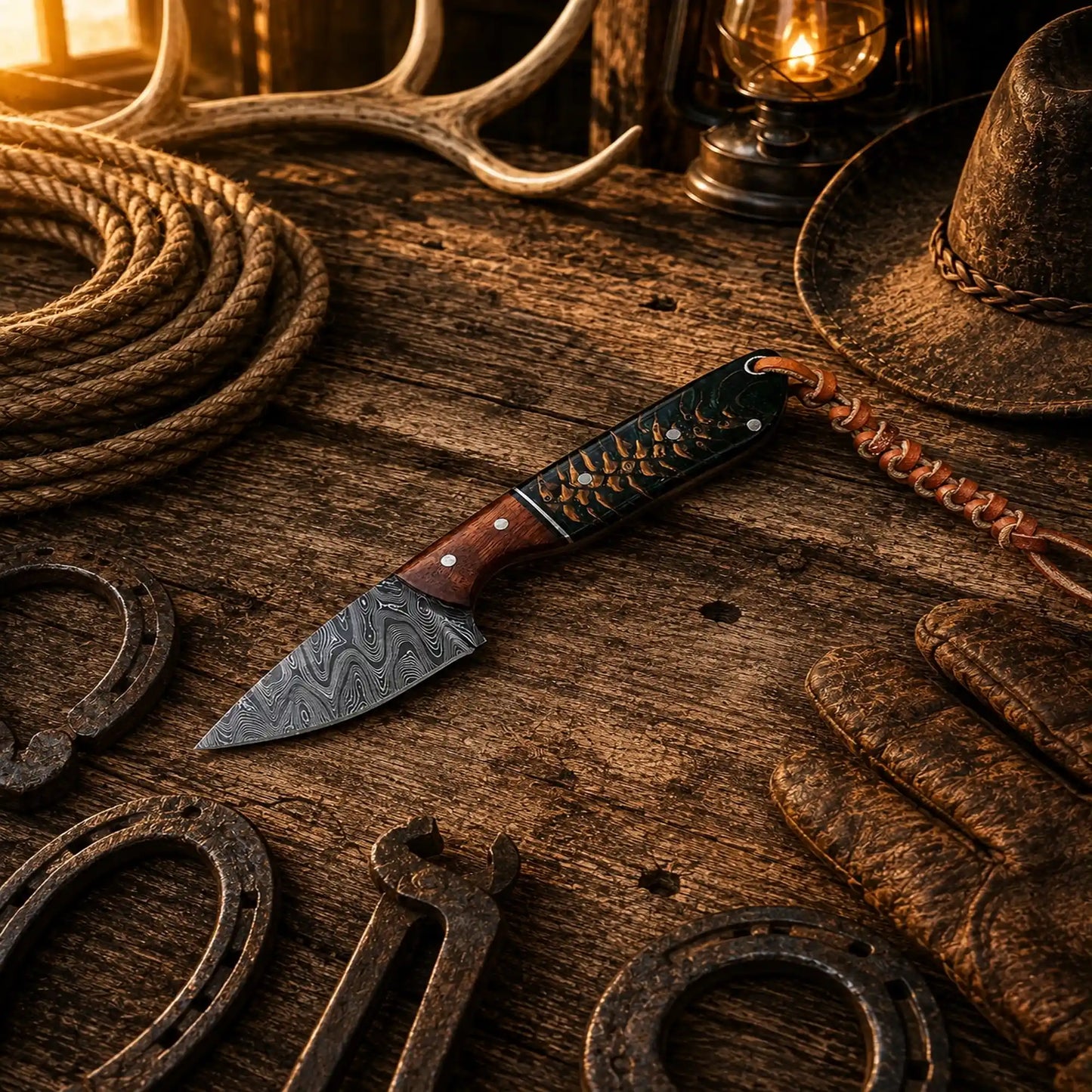 County Rodeo Carry Knife – Damascus Steel Pine Cone Belt Knife