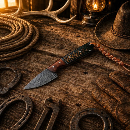 County Rodeo Carry Knife – Damascus Steel Pine Cone Belt Knife