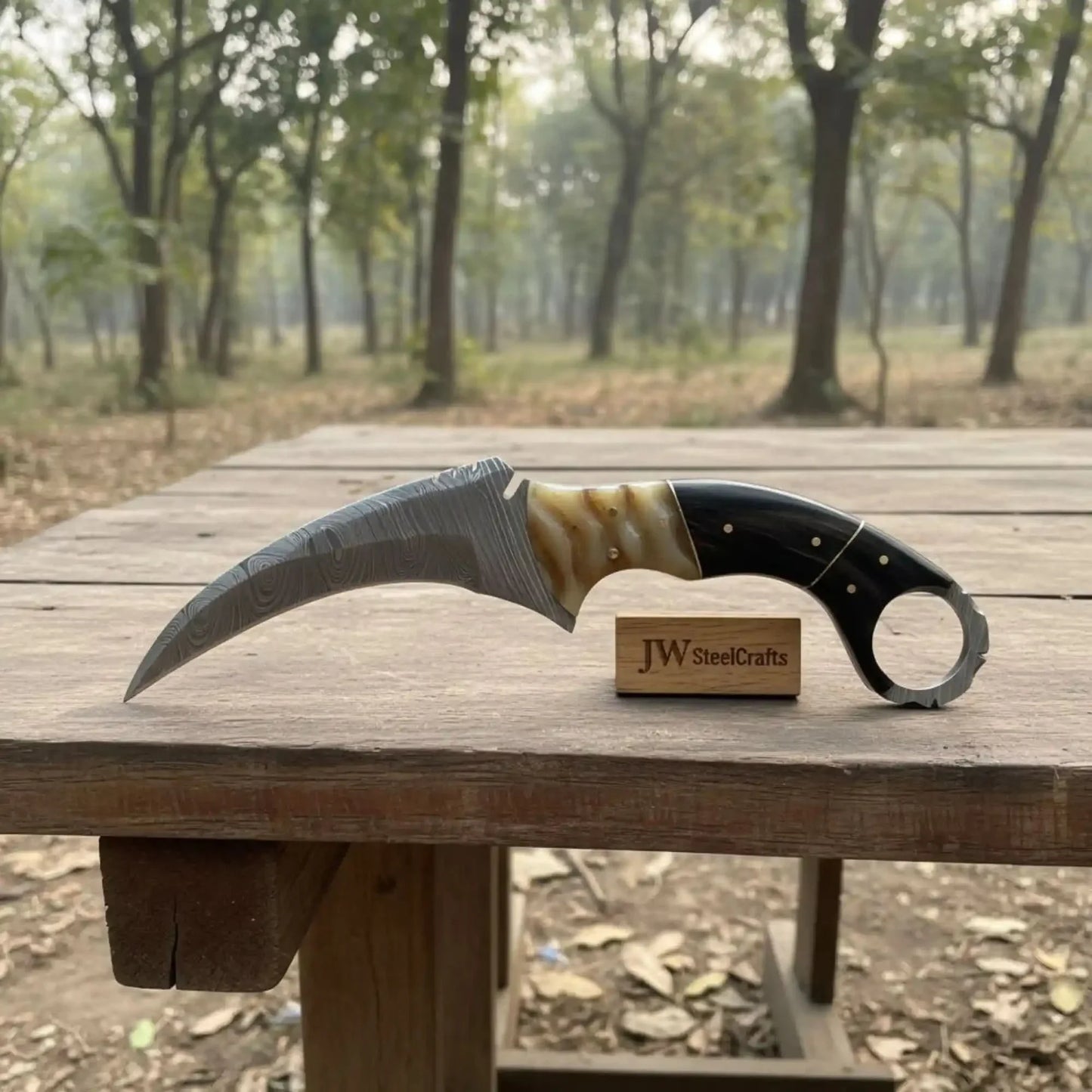Handmade Damascus Karambit Knife with Horn Handle and Finger Ring