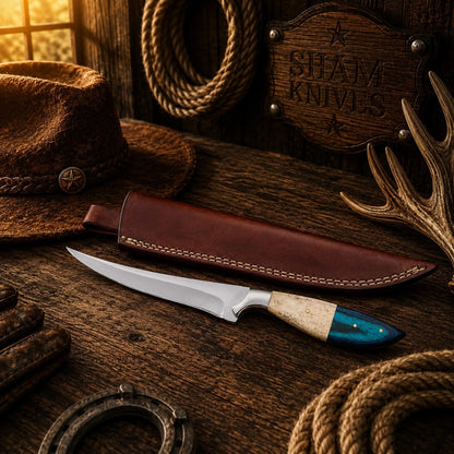 D2 Steel Fillet Knife – Bone & Exotic Wood Handle with Leather Sheath