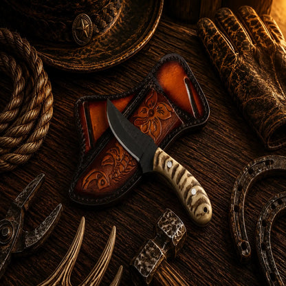 The Iron Ranch Cowboy Knife – Handmade D2 Powder Coated Steel with Ram Horn Handle