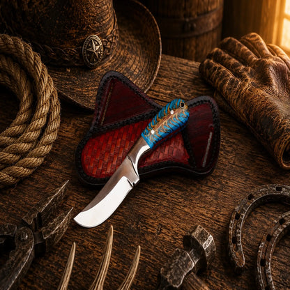 Western Style Ranch Knife – Handmade D2 Steel Turquoise Pine Cone Knife with Cross Draw Sheath