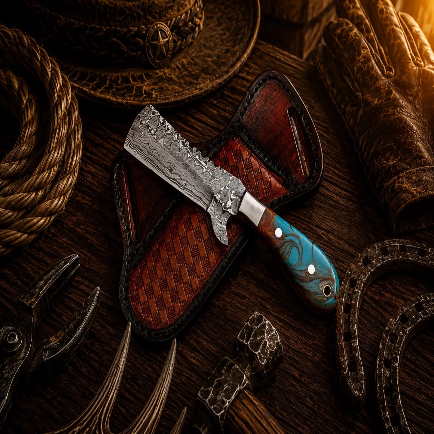 Stockman's Bull Cutter Knife – Handmade Damascus Steel with Epoxy Resin Handle