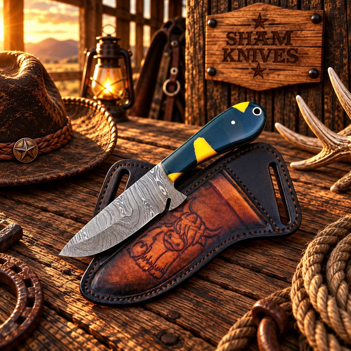 Handmade Damascus Cowboy Skinner Knife – Resin Handle & Sheath