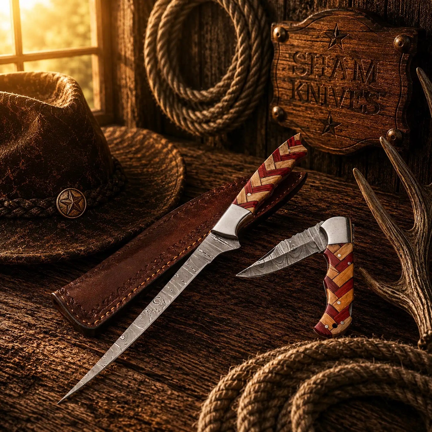 Best Pair of Handmade Damascus Steel Fillet & Pocket Folding Knife