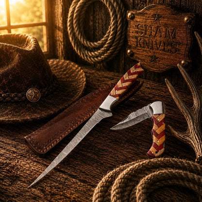 Best Pair of Handmade Damascus Steel Fillet & Pocket Folding Knife
