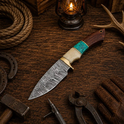 Custom Damascus Hunting Knife – Turquoise & Rosewood Handle