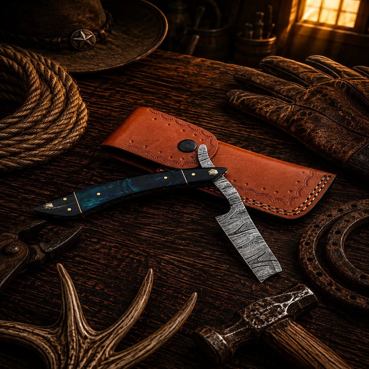 The Classic Cattleman Straight Razor – Handmade Damascus Steel Folding Razor