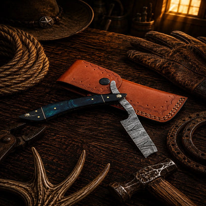 The Classic Cattleman Straight Razor – Handmade Damascus Steel Folding Razor