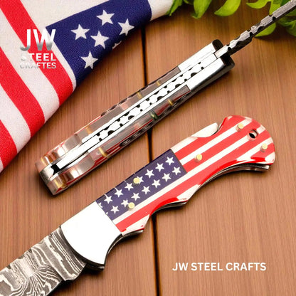 Handmade Damascus Folding Knife with Ram Horn or American Flag Handle